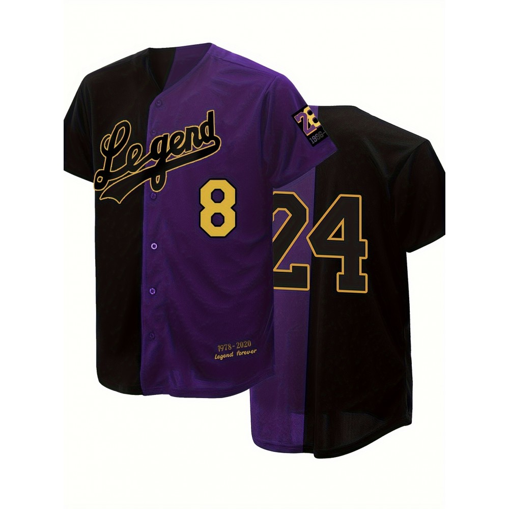 Men's Black & Purple #24 Baseball Jersey - Classic Letter Embroidery, Breathable Button-Up V-Neck, Loose Fit for Training, Competition & Casual Wear - All-Season Sportswear for Men & Teens