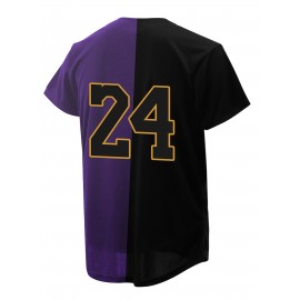 Men's Black & Purple #24 Baseball Jersey - Classic Letter Embroidery, Breathable Button-Up V-Neck, Loose Fit for Training, Competition & Casual Wear - All-Season Sportswear for Men & Teens
