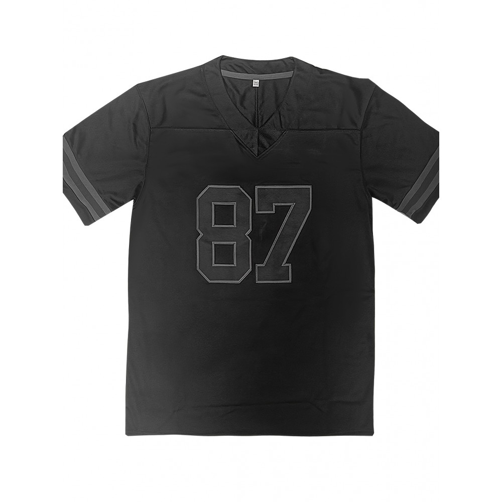 Men's Black #87 Embroidered American Football Jersey - Loose Fit, Breathable Polyester, V-Neck, Casual Street Style Rugby Top for Sports and Casual Attire, Outdoor Activewear|Embroidered Sports Top|Loose Fit Jersey