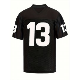Men's Black # 13 Breathable Rugby Jersey, Sports V-neck Short Sleeved Uniform For Training And Matches, Embroidered American Football Shirt