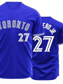Men's Royal Blue Toronto #27 Baseball Shirt - Breathable Loose Fit V-Neck Embroidered Jersey, Button-Up Casual Sportswear for Outdoor Activities, Running & Daily Wear, All-Season Comfort, Sports Apparel, Sporty Design, Embroidered Detailing