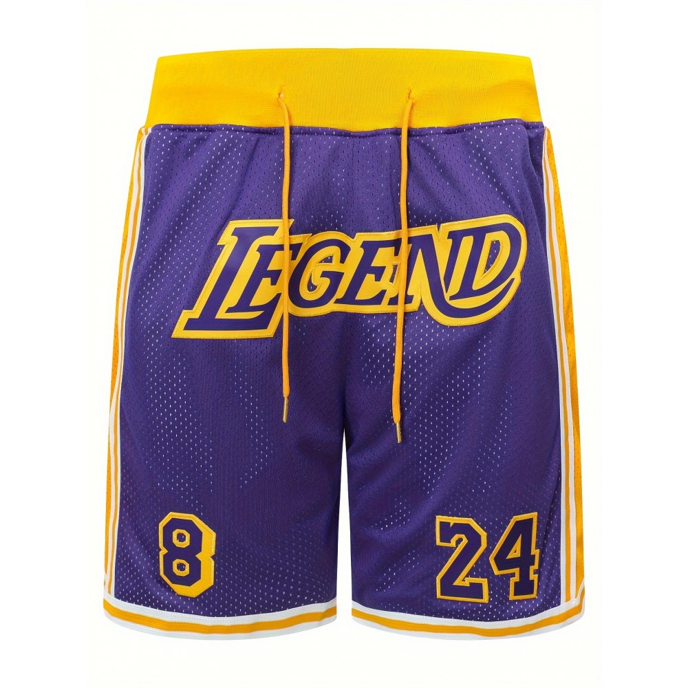 Men's Purple # 8-24 Basketball Shorts, Classic Letter Embroidery Design, Breathable Button Short Sleeve Shirt, Suitable for Training and Competition
