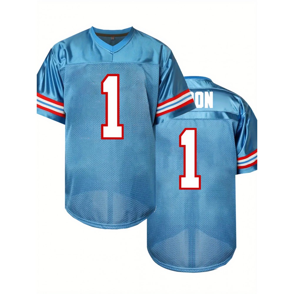 Men'S Moon Blue # 1 American Football Shirt Loose Embroidered Sports, Fashionable, Casual, Street Breathable Rugby Top
