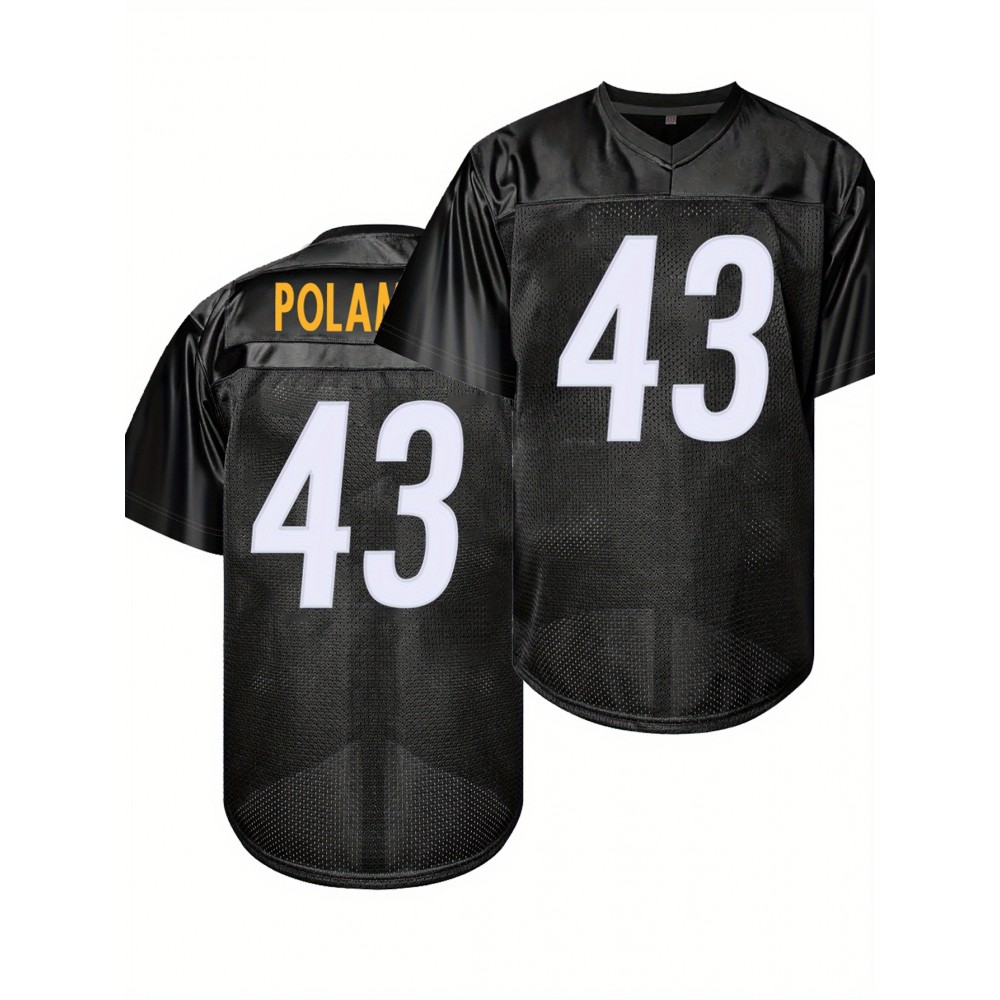 Men'S Black # 43 Breathable Rugby Jersey, Sports V-Neck Short Sleeved Uniform for Training And Matches, Embroidered American Football Shirt