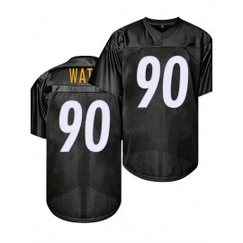 Men'S Black # 90 Breathable Rugby Jersey, Sports V-Neck Short Sleeved Uniform for Training And Matches, Embroidered American Football Shirt
