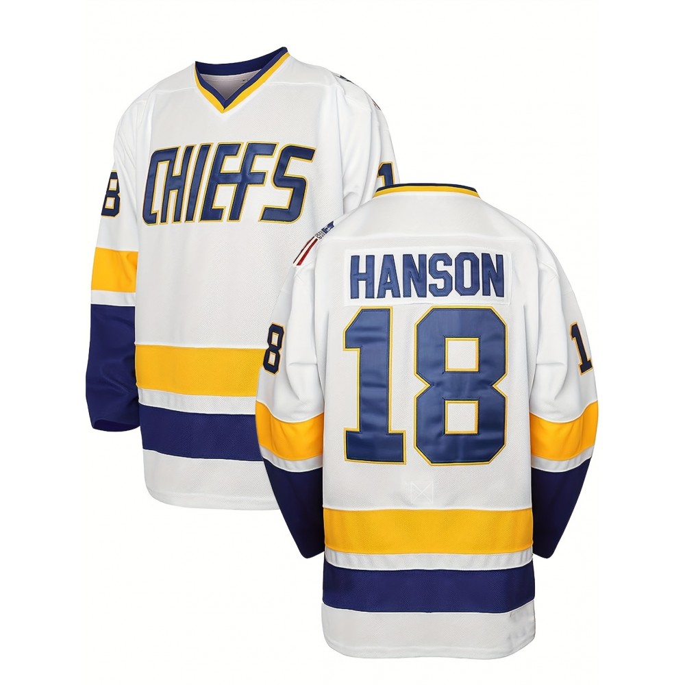 Men's White #18 Ice Hockey Jersey - Loose Fit Breathable Embroidered CHIEFS & HANSON 18 Design, V-Neck Long Sleeve for Team Sports, Casual Streetwear & All-Season Wear, Sports Fan Apparel | Durable Sportswear