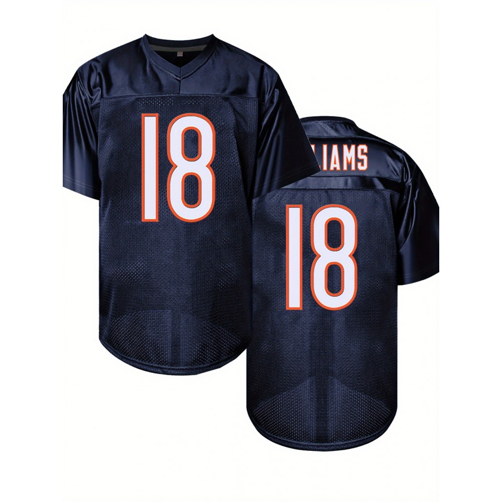 Men's Navy Blue #18 Breathable American Football Jersey - V-Neck Short Sleeve Embroidered Rugby Shirt, Loose Fit All-Season Training & Casual Wear, Machine Washable Sportswear
