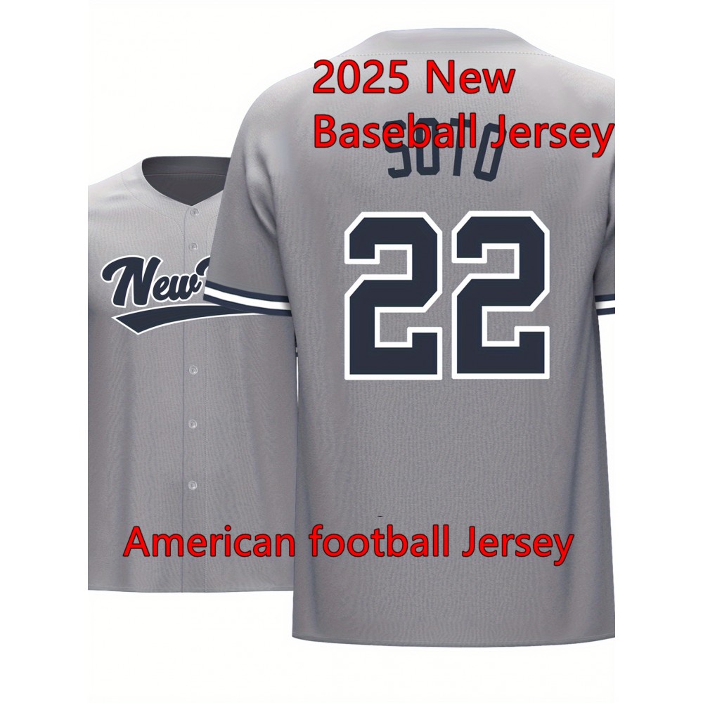 Men's Grey #22 Baseball Jersey - Loose Fit V-Neck Embroidered Sports Shirt, Breathable Button-Up Top for Casual Streetwear, Outdoor Activities & All-Season Wear (Adults & Teens)