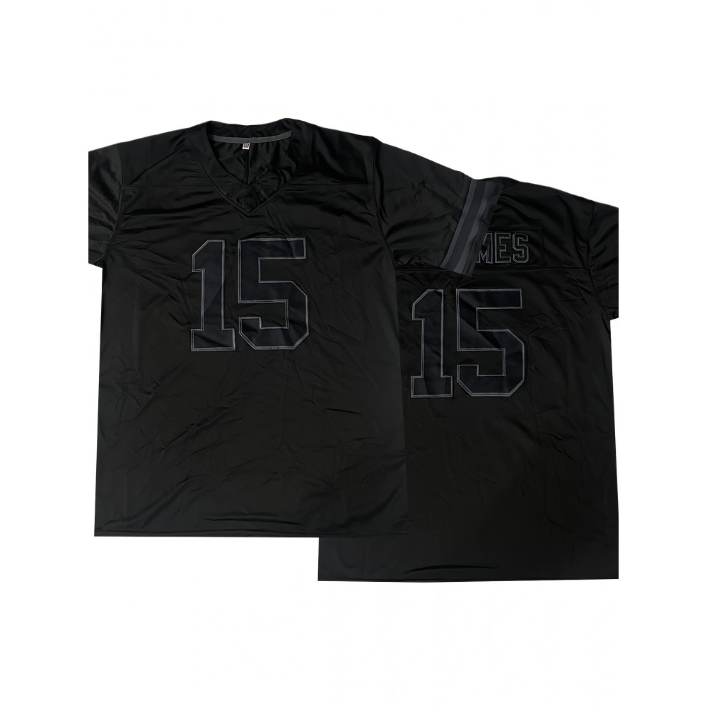 Men'S Black # 15 Breathable Rugby Shirt, Sports V-neck Short Sleeve Training Match Uniform, Embroidered American Football Shirt