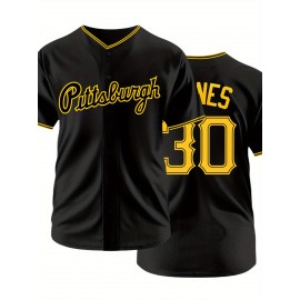 Men's Black #30 Baseball Shirt with Pittsburgh Embroidered Letter & Number Design, Breathable Loose Fit V-Neck Button-Up for Casual Streetwear, Sports & Outdoor Activities - All-Season Comfort, Outdoor Activewear | Relaxed Fit Jersey | Embroidered Details