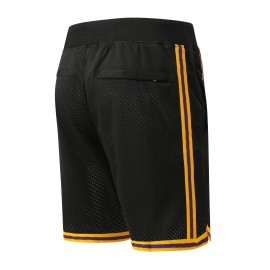 Men's Classic Breathable Basketball Shorts - Black, Embroidered Letter Design, Button Style, Short Sleeved, Training and Competition Ready