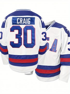 Men's White #30 Ice Hockey Jersey with Embroidered Craig 30 & USA 34 Design - Loose Fit Breathable Polyester, V-Neck Long Sleeve for Sports, Casual Streetwear & Outdoor Activities