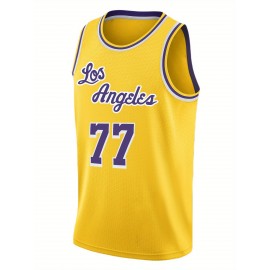 Men's Yellow #77 Basketball Jersey - Retro Embroidered Letter Design, Loose Fit Breathable Fabric, All-Season Casual & Sports Wear, Machine Washable Round Neck Vest for Men & Youths, Basketball Gear, Team Apparel, Durable Sports Apparel