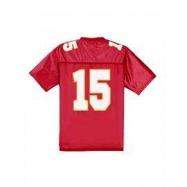 Women's Kansas City #15 Polyester Red Football Jersey, V-Neck Sports Shirt With Slight Stretch, Breathable Casual Knit Fabric For All Seasons, Loose Fit Adult & Teen, Fans Gift Women Youth