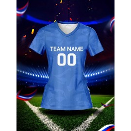 [Women's Soccer Jersey] Customized Women's V-Neck Soccer Jersey - Personalized Team Training Sports Shirt, Comfortable, Breathable, Quick-Dry for Fitness & Casual Wear, Blue with White & Yellow Graphics, Spring/Summer/Fall