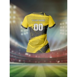 Customized Women'S V-Neck Soccer Jersey with Name & Number - Team Specific Training & Fitness Shirt, Comfortable, Breathable, Quick-Dry for Casual Wear, Yellow & Black Design, Spring/Summer/Fall