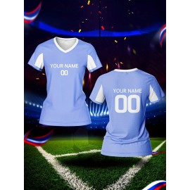 Customized Name & Number Women's V-Neck Football Jersey - Breathable Quick-Dry Moisture-Wicking Light Blue/White Stripes Team Training Fitness Casual Sports Top for Spring Summer Fall, Personalized Football Jersey, Comfortable Fit