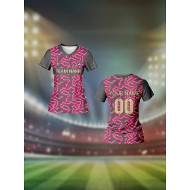Custom Women's V-Neck Football Jersey - Personalized Name & Number, Pink & Black Abstract Print, Breathable Polyester, Quick-Dry for Sports, Fitness & Casual Wear, Fitness Apparel | Personalized Sports Top | Smooth Fabric Shirt