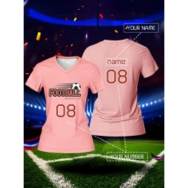 Customized Women's V-Neck Football Shirt - Personal Name & Number, Pink, Breathable Polyester, Quick-Dry Sports Top for Team Training & Casual Wear