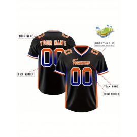 Customizable Plus Size Football Jersey - Personalized Name & Number, Vibrant Orange & Blue Gradient Design, V-Neck Short Sleeve, Breathable Summer Sports Shirt for Women, Football Jersey, Athletic Wear, Sporty Look, Comfortable Fit