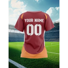 Customizable Women'S Plus Size Football Jersey - Personalized Name & Number, Maroon & Orange Soccer Training Shirt with White Accents, Breathable Summer Sportswear for Casual & Team Activities, Soccer Accessories, Durable Fabric