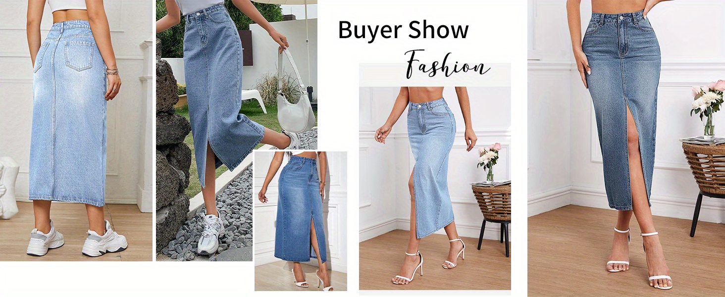 Womens Front   Thigh   Denim Skirt High Waist Casual Midi Length Jean Skirt for Curvy Females details 4