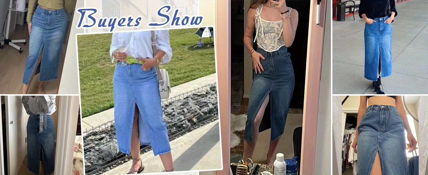 Womens Front   Thigh   Denim Skirt High Waist Casual Midi Length Jean Skirt for Curvy Females details 5