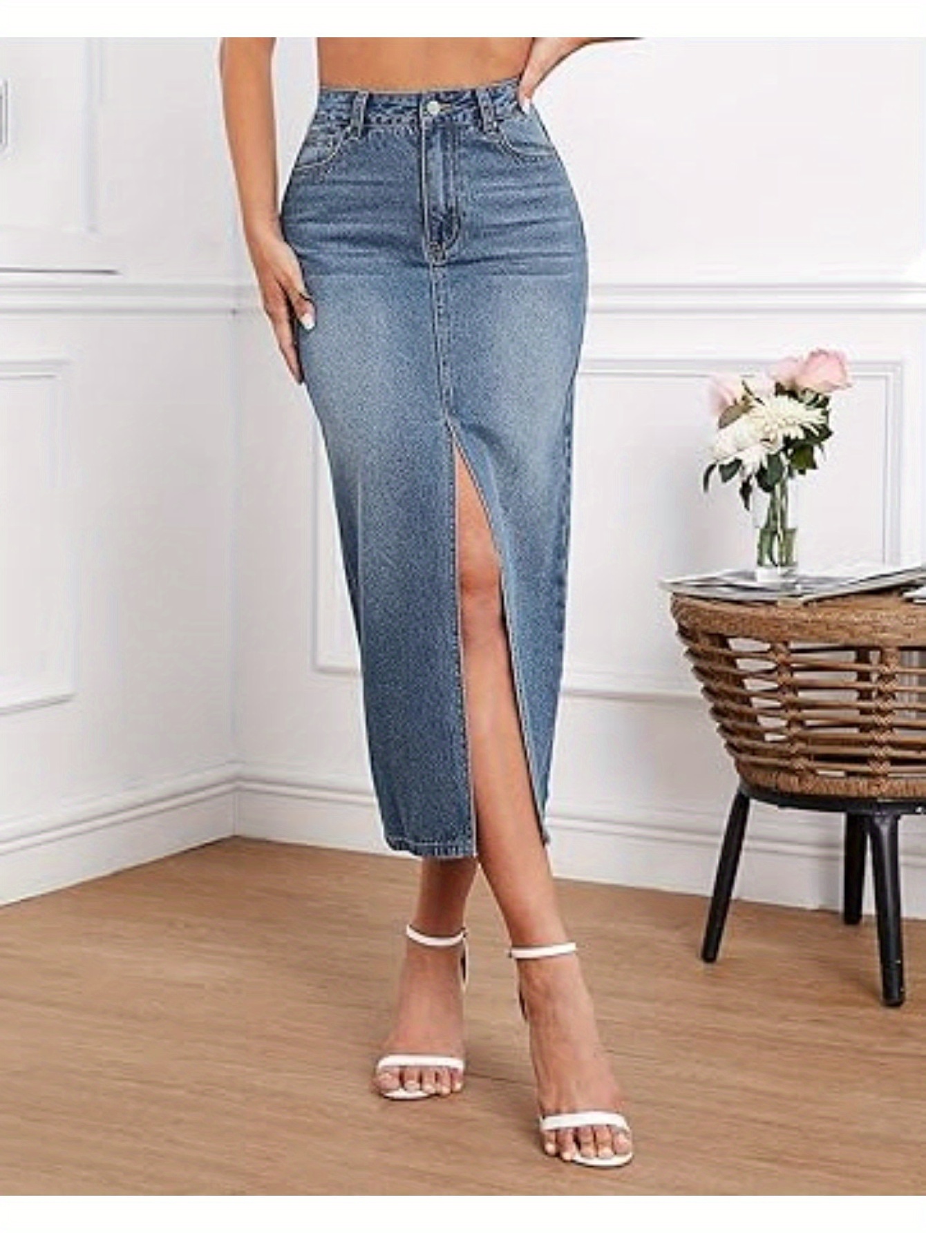 Womens Front   Thigh   Denim Skirt High Waist Casual Midi Length Jean Skirt for Curvy Females details 11