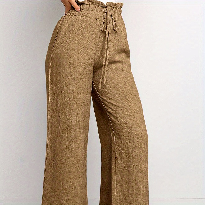 Elegant Solid Color Wide-Leg Pants with   Waistband and Lace-Up Detail - Breathable Polyester, Multiple Colors   details 1