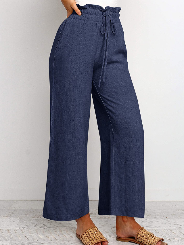 Elegant Solid Color Wide-Leg Pants with   Waistband and Lace-Up Detail - Breathable Polyester, Multiple Colors   details 6