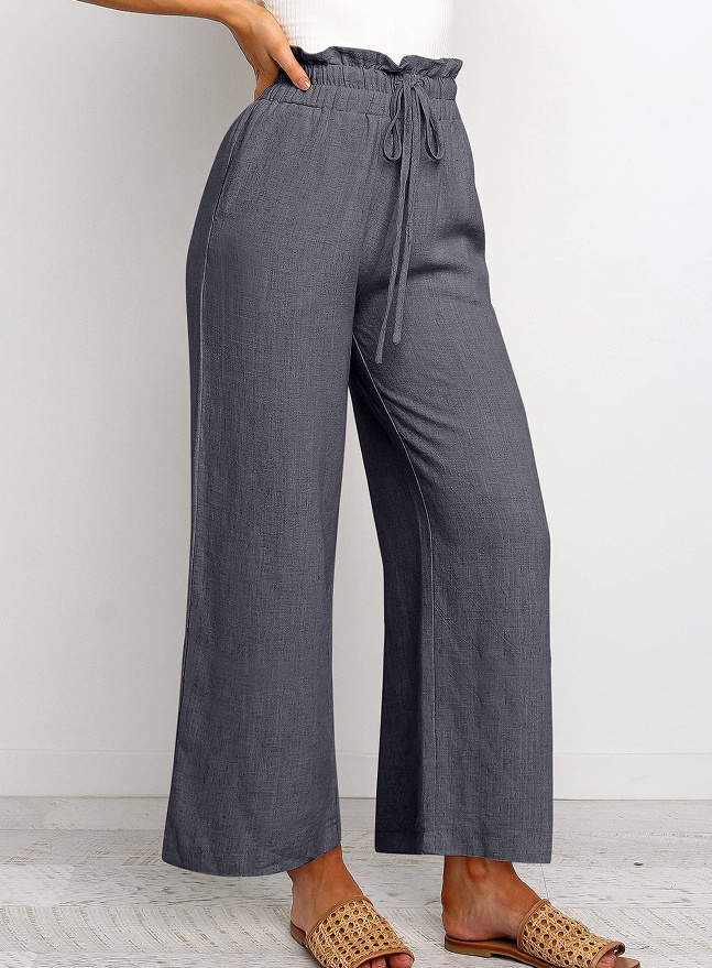 Elegant Solid Color Wide-Leg Pants with   Waistband and Lace-Up Detail - Breathable Polyester, Multiple Colors   details 15