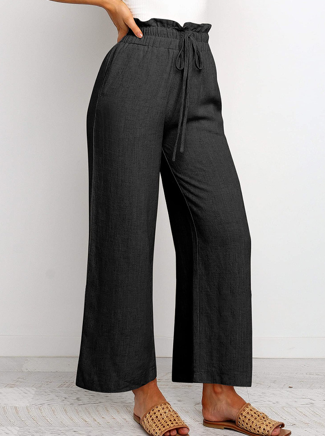 Elegant Solid Color Wide-Leg Pants with   Waistband and Lace-Up Detail - Breathable Polyester, Multiple Colors   details 18