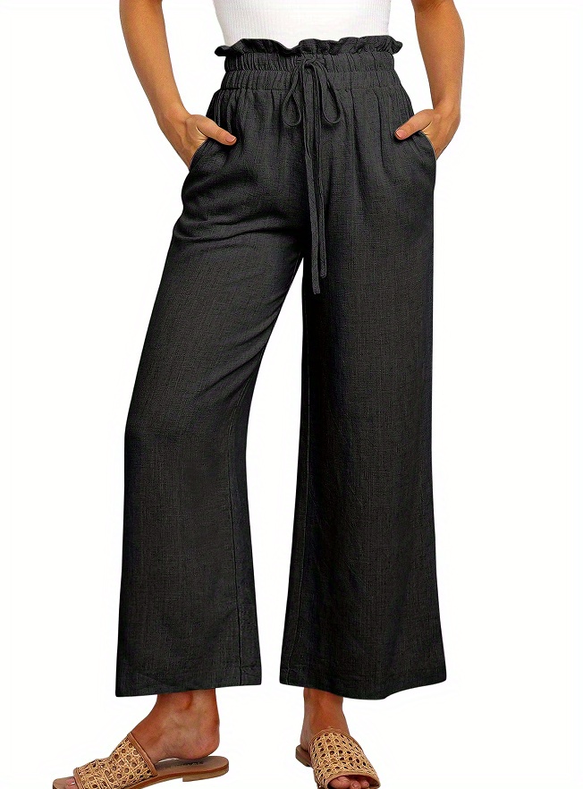 Elegant Solid Color Wide-Leg Pants with   Waistband and Lace-Up Detail - Breathable Polyester, Multiple Colors   details 19