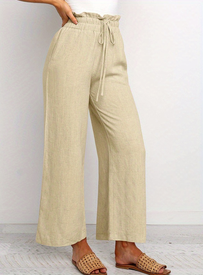 Elegant Solid Color Wide-Leg Pants with   Waistband and Lace-Up Detail - Breathable Polyester, Multiple Colors   details 21