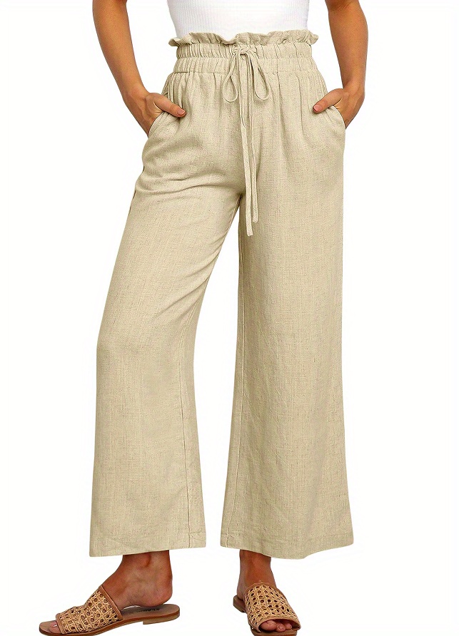 Elegant Solid Color Wide-Leg Pants with   Waistband and Lace-Up Detail - Breathable Polyester, Multiple Colors   details 22