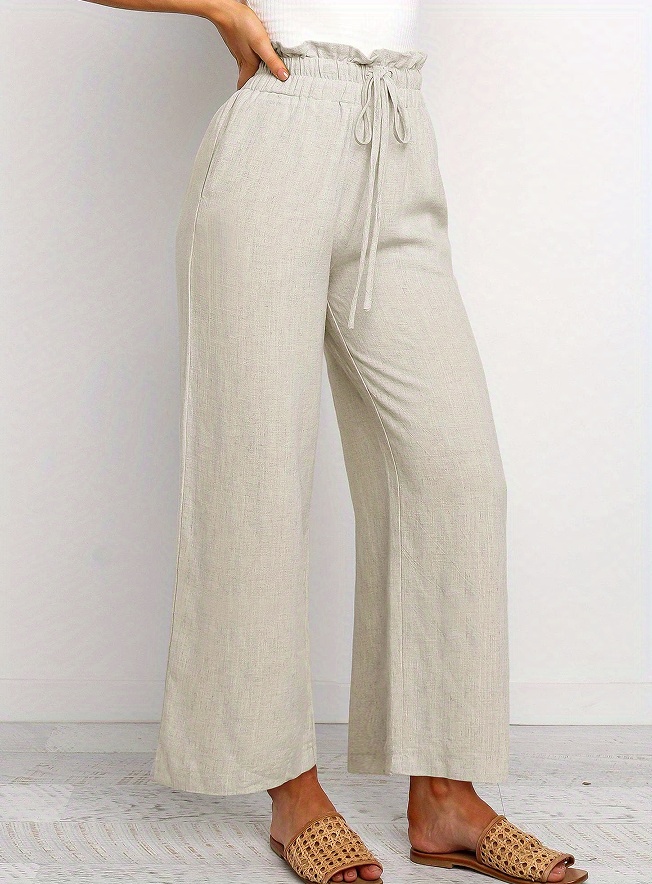 Elegant Solid Color Wide-Leg Pants with   Waistband and Lace-Up Detail - Breathable Polyester, Multiple Colors   details 24