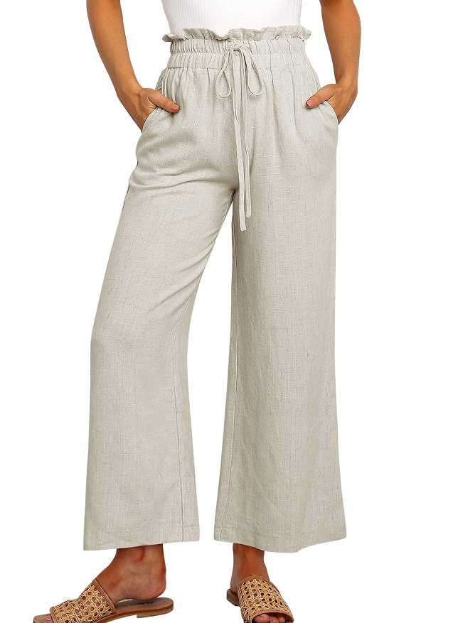 Elegant Solid Color Wide-Leg Pants with   Waistband and Lace-Up Detail - Breathable Polyester, Multiple Colors   details 25